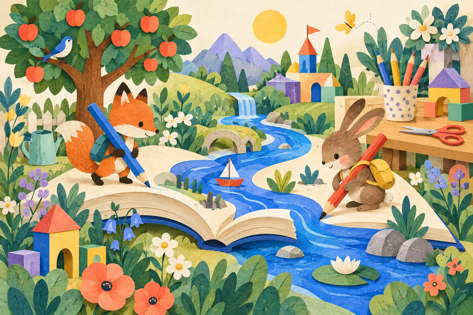 A fox and rabbit explore a colourful paper garden of books, art and building blocks