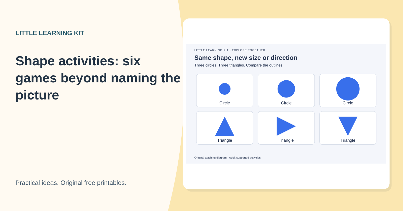 Six shape cards: three differently sized circles and three triangles turned in different directions.
