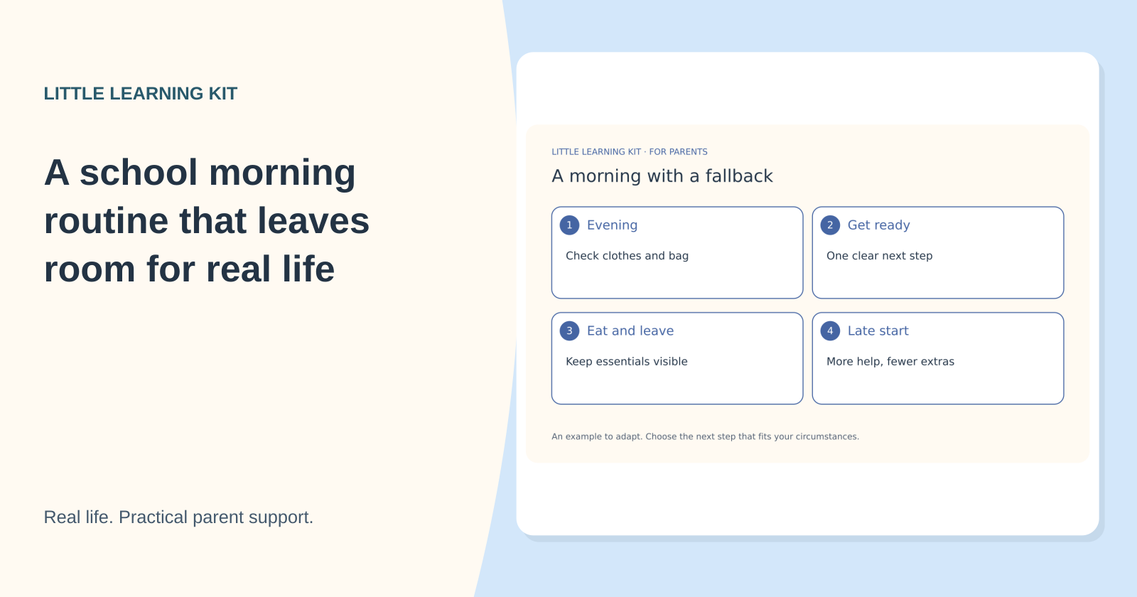 An example morning plan with an evening check, three morning steps and a shorter late-start version.