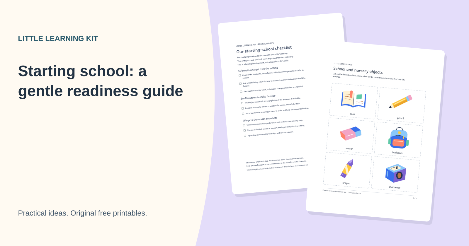 The printable adult school-preparation checklist beside original school-object picture cards.