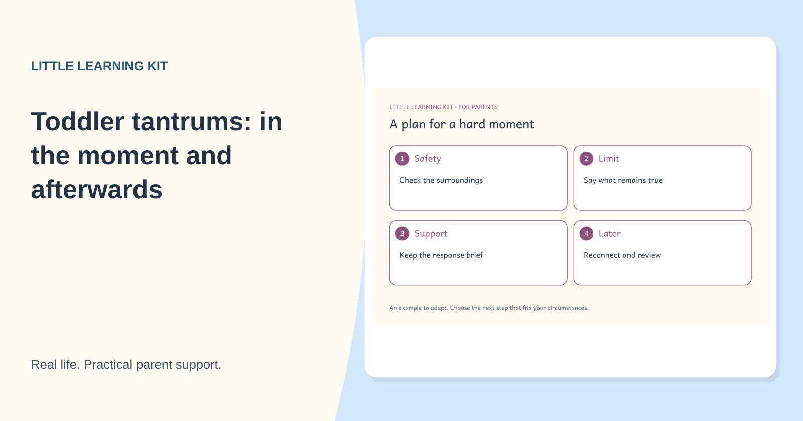 A tantrum planning card: make the space safe, keep the limit clear, use a short response and reconnect later.
